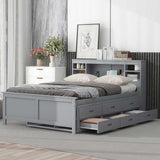 Full Size Platform Bed with Storage Headboard, Full Size Platform Bed with Twin Size Trundle and 3 Drawers&USB, Solid Wood Bed Frame with Storage for Kids,No Box Spring Needed. (Gray) Bellemave