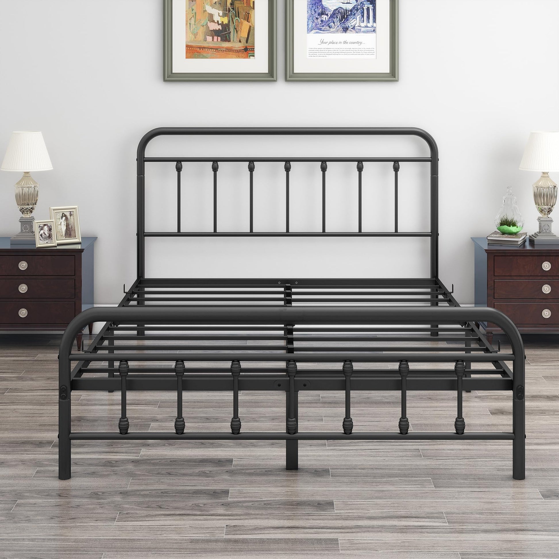 DUMEE Textured Black Metal Queen Bed Frame with Vintage Headboard & Footboard, No Box Spring Needed - WoodArtSupply