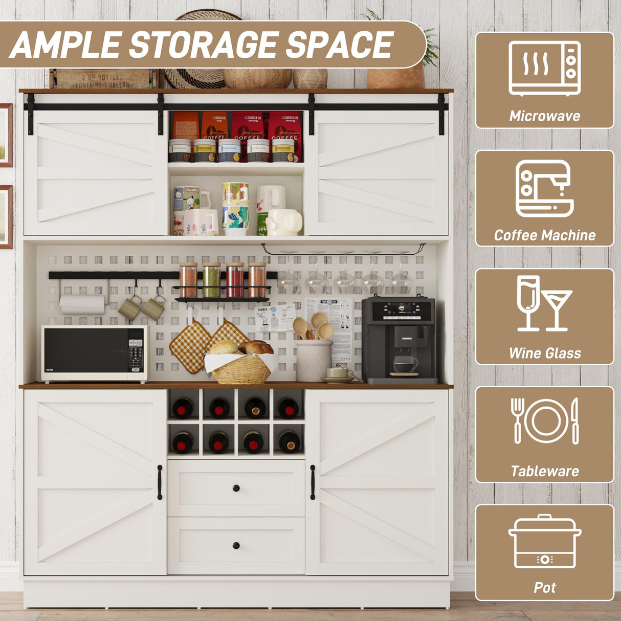 75” Tall Large Kitchen Pantry Storage Cabinet,63"W Farmhouse Kitchen Hutch Cabinet w/Power Outlet,Large Coffee Bar Cupboard w/Microwave Shelf & Wine Rack,4 Doors,2 Drawers, Dining Room, White chartustriable