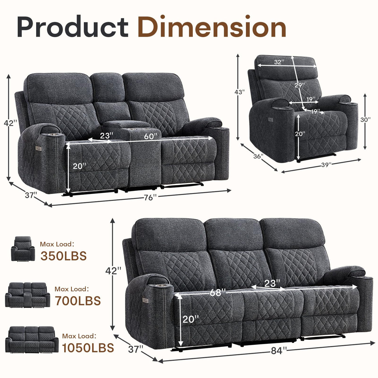 HAOMARKETS 3-Piece Power Recliner Sofa Set with Charging Port, Include Single Recliner Chair, 2-Seater Loveseat Reclining Couch and 3-Seater Reclining Sofa with Cup Holders for Living Room, Dark Grey HAOMARKETS