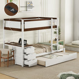 Linique Twin-Over-Twin Bunk Bed with Twin Size Trundle, Ladder & Full-Length Gurardrails, Writing Desk with USB Ports, 3-Hole Socket & 3 Drawers, White+Walnut Linique