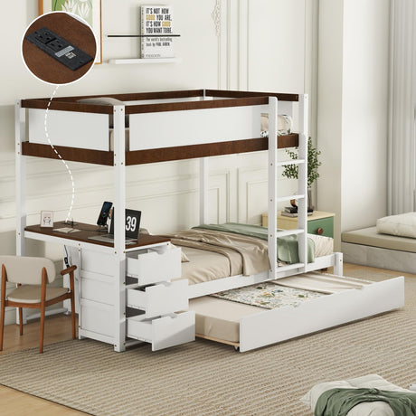 Linique Twin-Over-Twin Bunk Bed with Twin Size Trundle, Ladder & Full-Length Gurardrails, Writing Desk with USB Ports, 3-Hole Socket & 3 Drawers, White+Walnut Linique