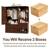 PAKASEPT 2 Doors Armoire Wardrobe Closet with Mirror,71'' Tall Freestanding Wooden Wardrobe Closet Farmhouse Storage Cabinet for Bedroom with Hanging Rod,Clothes Hook,Drawers,Hidden Bench,Retro Brown PAKASEPT