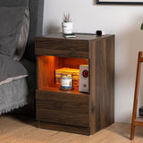 HOMMPA Set of 2 Open Shelf LED Nightstands with Charging Station Dark Walnut 2 Drawers Bedside Table with Led Light Smart Night Stand with Storage Wood Night Table Mid Century for Bedroom Furniture HOMMPA