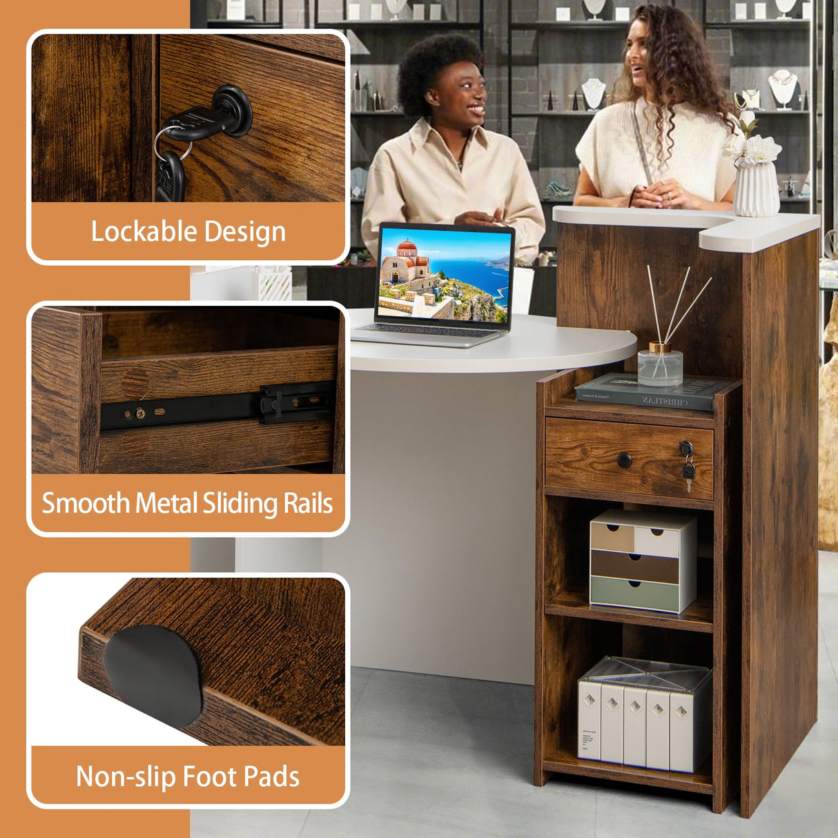 Tangkula Reception Desk, Front Counter Desk with Lockable Drawer & Adjustable Shelf, Oval Desktop, Retail Counter for Checkout, Computer Workstation for Salon Lobby Home Office Tangkula