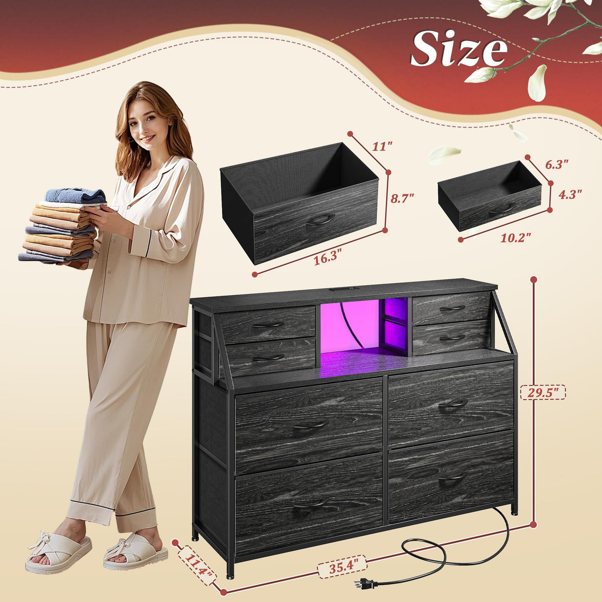 Romorgniz Dresser for Bedroom with Charging Station and LED, Sturdy Chest of Drawers with 8 Drawers and Two Open Shelves for Bedroom, Living Room,Hallway (Black) Romorgniz