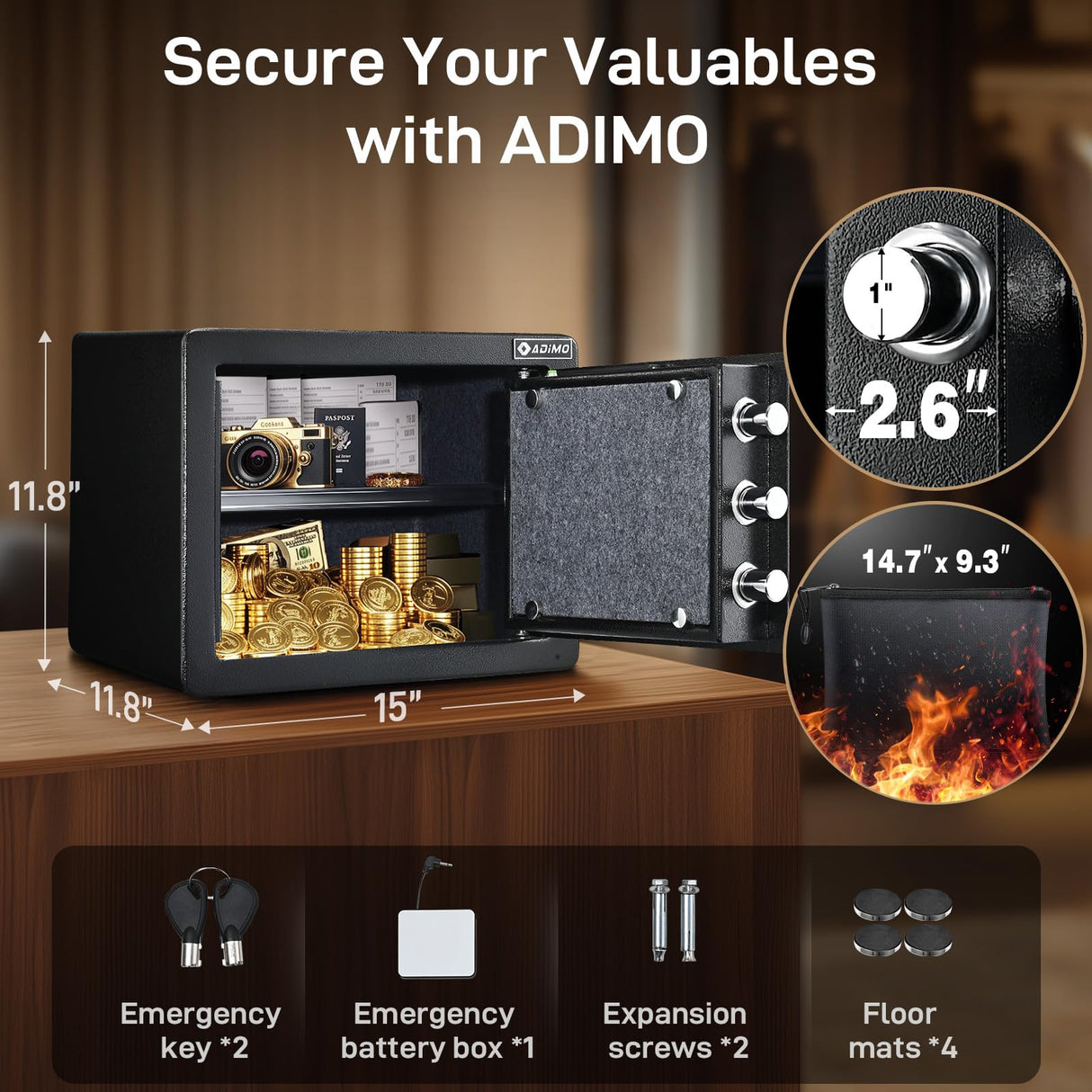 ADIMO Biometric Safe Box, 1.2 CuFt Home Safe with Biometric Fingerprint & Touchscreen, Fireproof Safe Box w/Removable Shelf & Alarm System, Money Safe for Documents& Valuables Home Office Hotel ADIMO