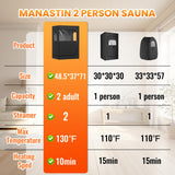 Manastin 2 Person Portable Steam Sauna for Home, 1 or 2 Person Full Body Sauna Tent with 2 Foldable Chairs,9 Levels of Sauna Box with Remote Control, Black Manastin