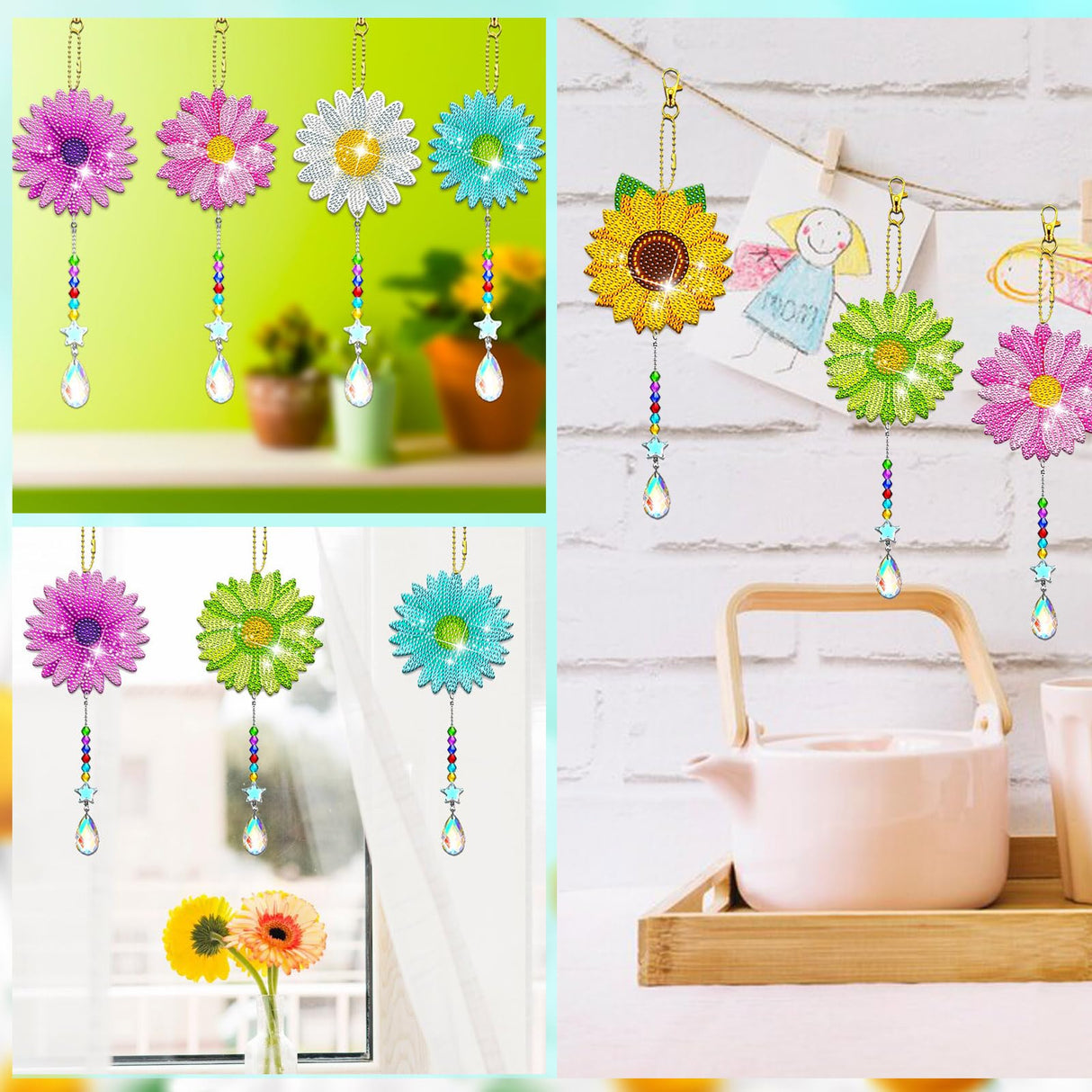 JeCuiK 6 Pcs Daisy Diamonds Painting Wind Chimes Suncatcher Double Sided Flower Rhinestone Painting Wind Chime 5D DIY Crystal Diamond Painting Kits Paint by Number Hanging Ornaments Mom Gifts JeCuiK