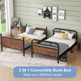 Twin XL Bunk Beds with LED Light and Charge Station for Kids and Teens , Industrial Heavy-Duty 2 IN 1 Convertible Gaming Bunk Bed with 2 Storage Drawers ,15.9" High Guard Rail,Space-Saving ,Black MoproBeti