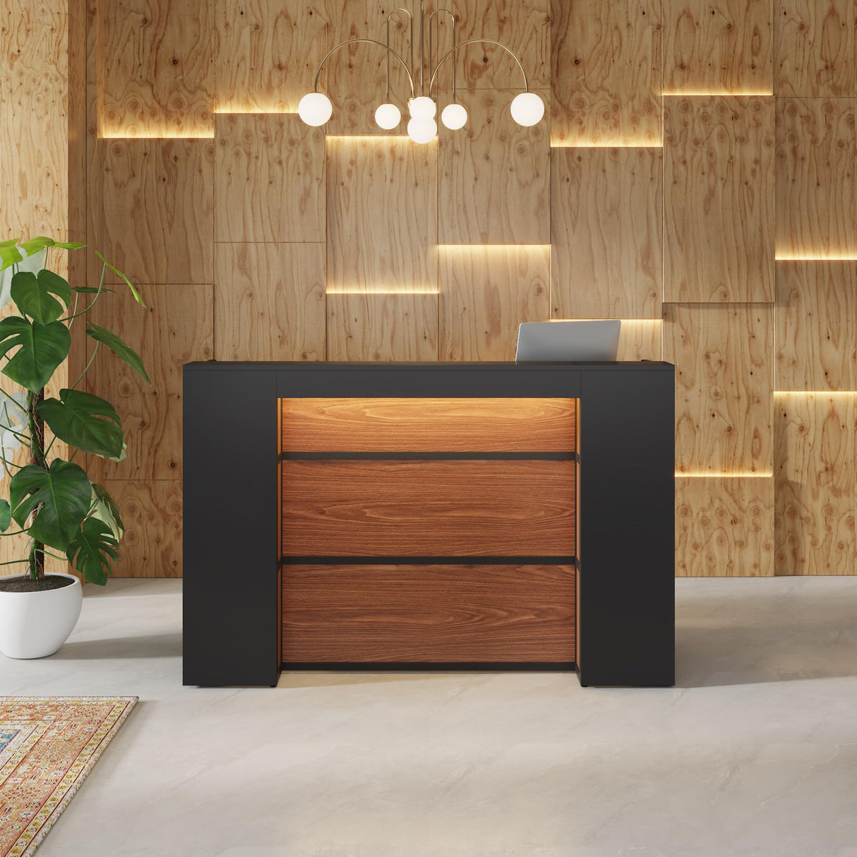 Tribesigns Reception Desk with LED Lights, 63 Inches Front Counter Desk for Checkout, Lobby, Salon, Retail, Modern Large Counter Table for Store Shop Clinic Office (Black&Brown) Tribesigns