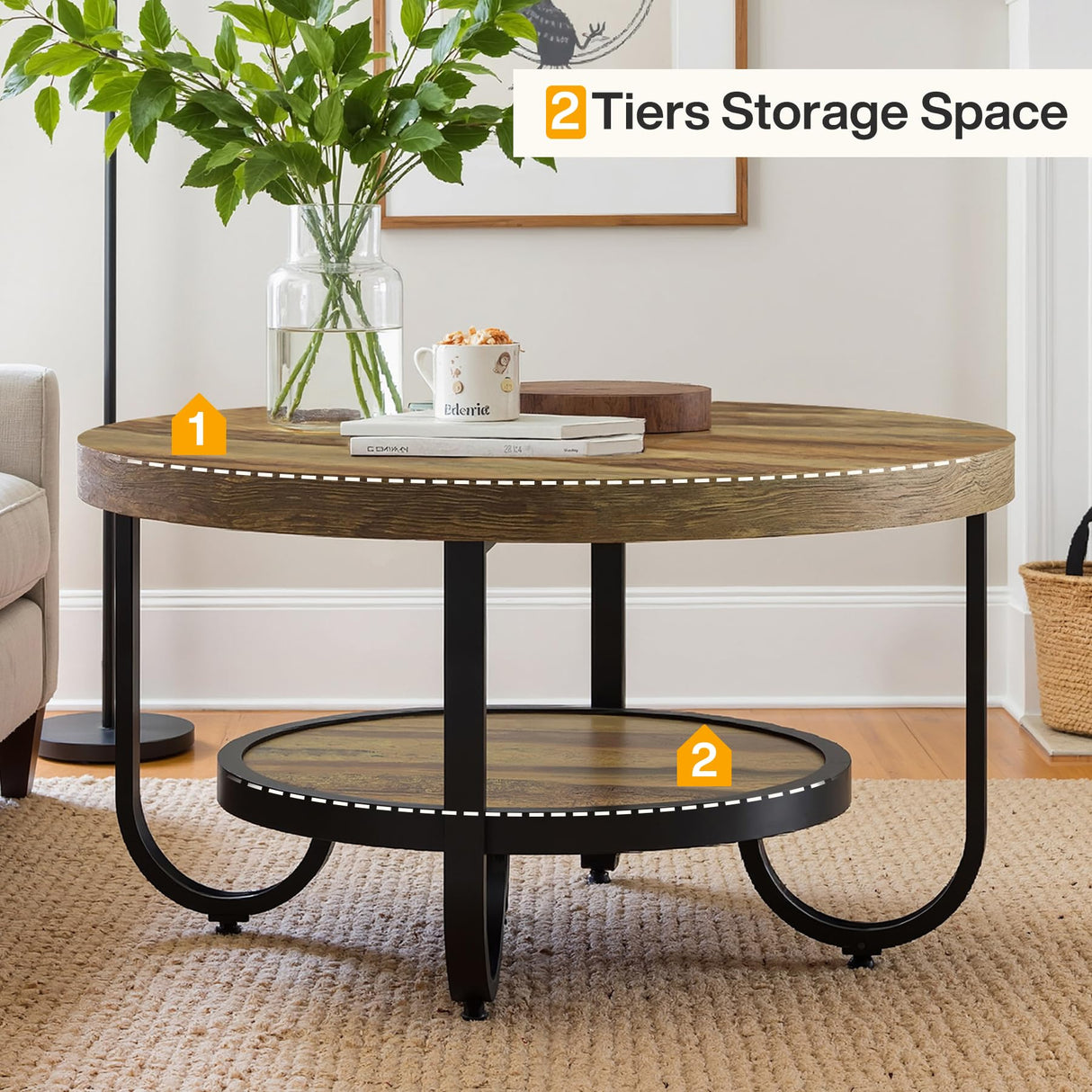 Tribesigns Round Coffee Table, 2-Tier Modern Wood Circle Center Table with Storage Shelf and Metal Frame, 31.5" Farmhouse Accent Cocktail Table for Living Room, Small Space, Brown Tribesigns