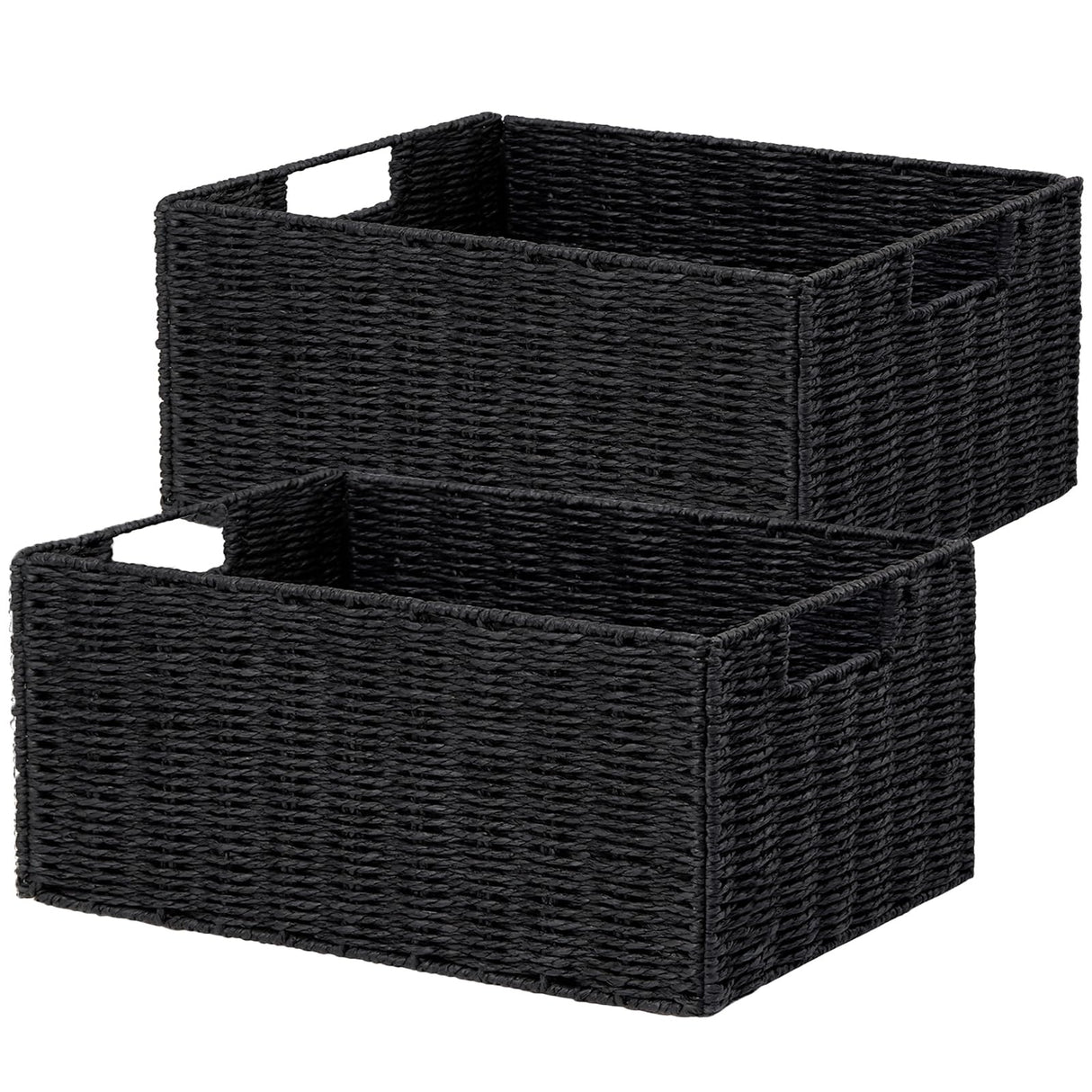 Vagusicc Wicker Storage Basket, Set of 2 Hand-Woven Paper Rope Wicker Basket, Small Storage Baskets for Organizing Toilet Paper Basket, Foldable Large Cube Storage Organizer Bins for Shelves (Black) Vagusicc