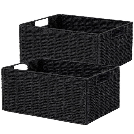 Vagusicc Wicker Storage Basket, Set of 2 Hand-Woven Paper Rope Wicker Basket, Small Storage Baskets for Organizing Toilet Paper Basket, Foldable Large Cube Storage Organizer Bins for Shelves (Black) Vagusicc
