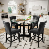 PADMA HOUSE Round Glass Pub Dining Set for 4, 45in Round Wood Modern Glass Counter Height Bar Table with 4 PU Leather Pub Stools 5 Piece Bistro Dining Table Chairs Set, Clear&Black PADMA HOUSE