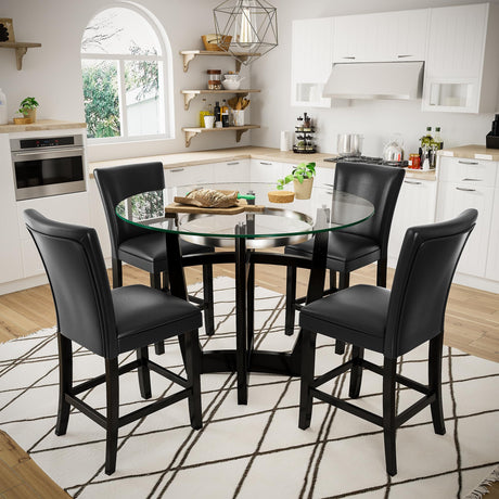 PADMA HOUSE Round Glass Pub Dining Set for 4, 45in Round Wood Modern Glass Counter Height Bar Table with 4 PU Leather Pub Stools 5 Piece Bistro Dining Table Chairs Set, Clear&Black PADMA HOUSE