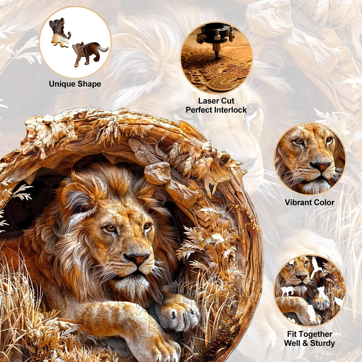 KAAYEE Wooden Puzzles for Adults, 3D Vision Effect Lion King Wooden Jigsaw Puzzles 100 PCS Unique Shape Advanced Wood Puzzle Adult, 3D Effect Flat Puzzle Birthday Gifts Family Game (S-8.5 * 8.5 in) KAAYEE
