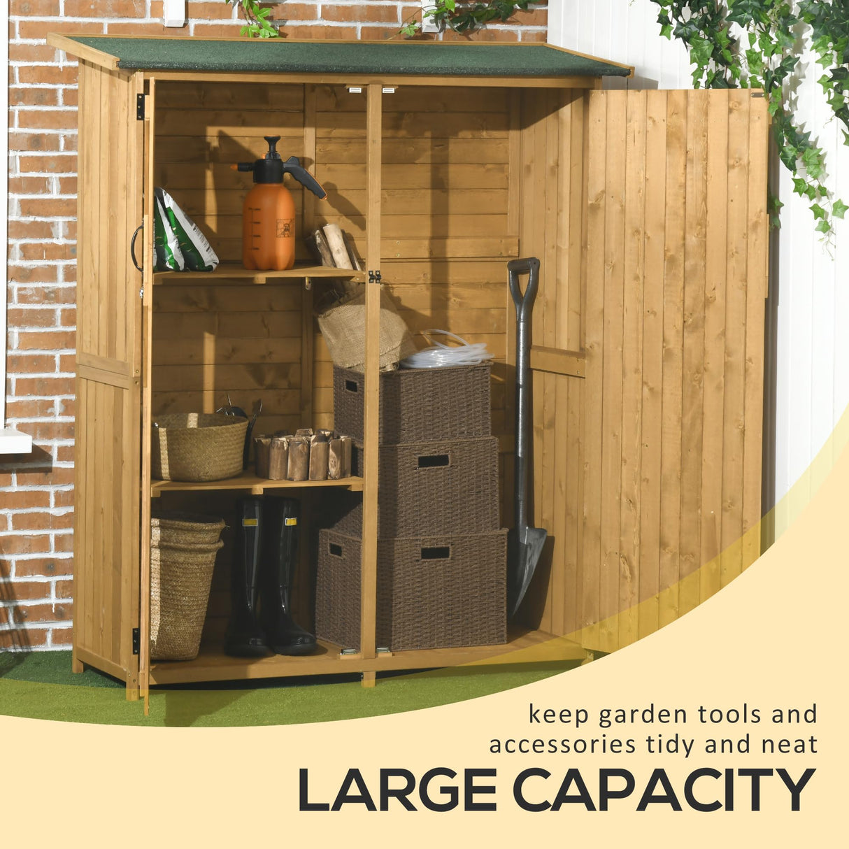 Outsunny Outdoor Storage Cabinet Wooden Garden Shed Utility Tool Organizer with Waterproof Asphalt Rood, Lockable Doors, 3 Tier Shelves for Lawn, Backyard, Natural Outsunny