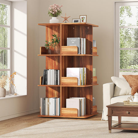 Semoic Rotating Bookshelf, 360° Display 4 Tier Square Revolving Bookcase, Spinning Book Shelf Tower, Freestanding Corner Bookshelf Storage Rack for Kids & Adults for Living Room Semoic
