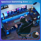 SEDETA Gaming Desk 55'' with LED Lights and Storage Shelves, Computer Desk with Monitor Stand, Power Outlets and Cup Holder, Large PC Gamer Desk, Gaming Table for Bedroom, Living Room, Black SEDETA