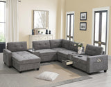 Merax 104 * 104" Chenille Sectional Couches with 2 Acrylic Consoles, Upholstered Modular Tufted Sofa Chaise with Ottoman, Storage Drawers, Pockets, USB Charger & Cup Holders for Living Room Apartment Merax