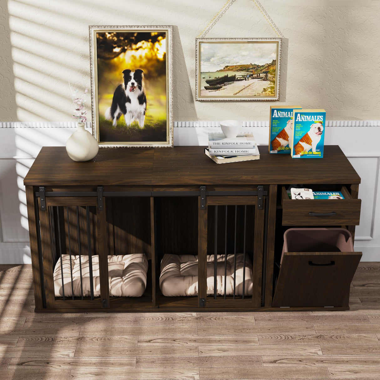 YOCONYO Large Dog Crate Furniture Large Breed,71 Inch Wooden Dog Crate with Tilt Out Trash Cabinet,Drawers,Divider and Sliding Barn Door, Double Doors Dogs Crate for 2 Dogs (Brown) YOCONYO