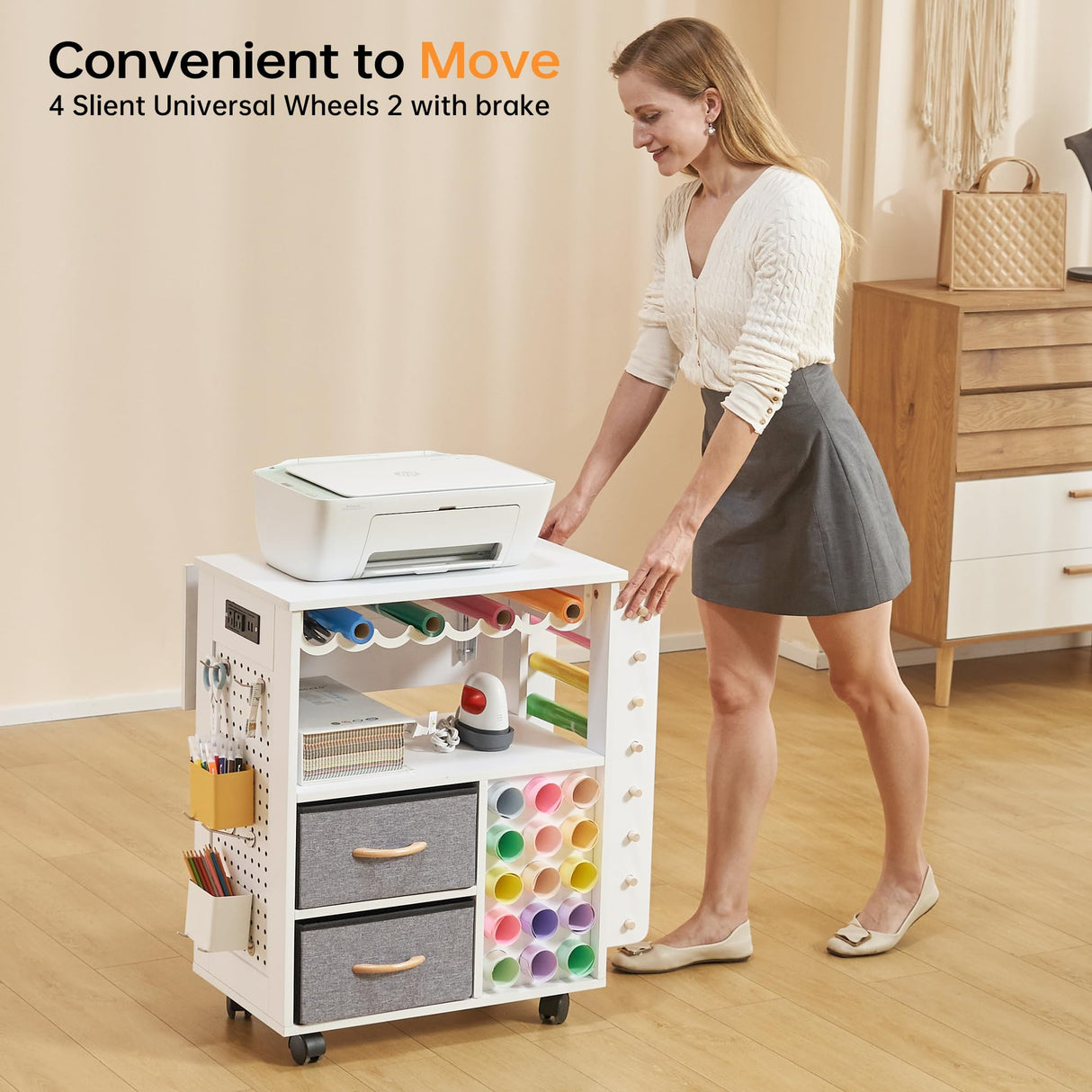 CRAFTEASE Rolling Craft Cart and Storage Table Compatible with Craft Machines Foldable Crafting Cabinets w/2 USB Ports and Outlets 31 Vinyl Rolls Holder Heat Press Organizer Workstation for Craft Room CRAFTEASE