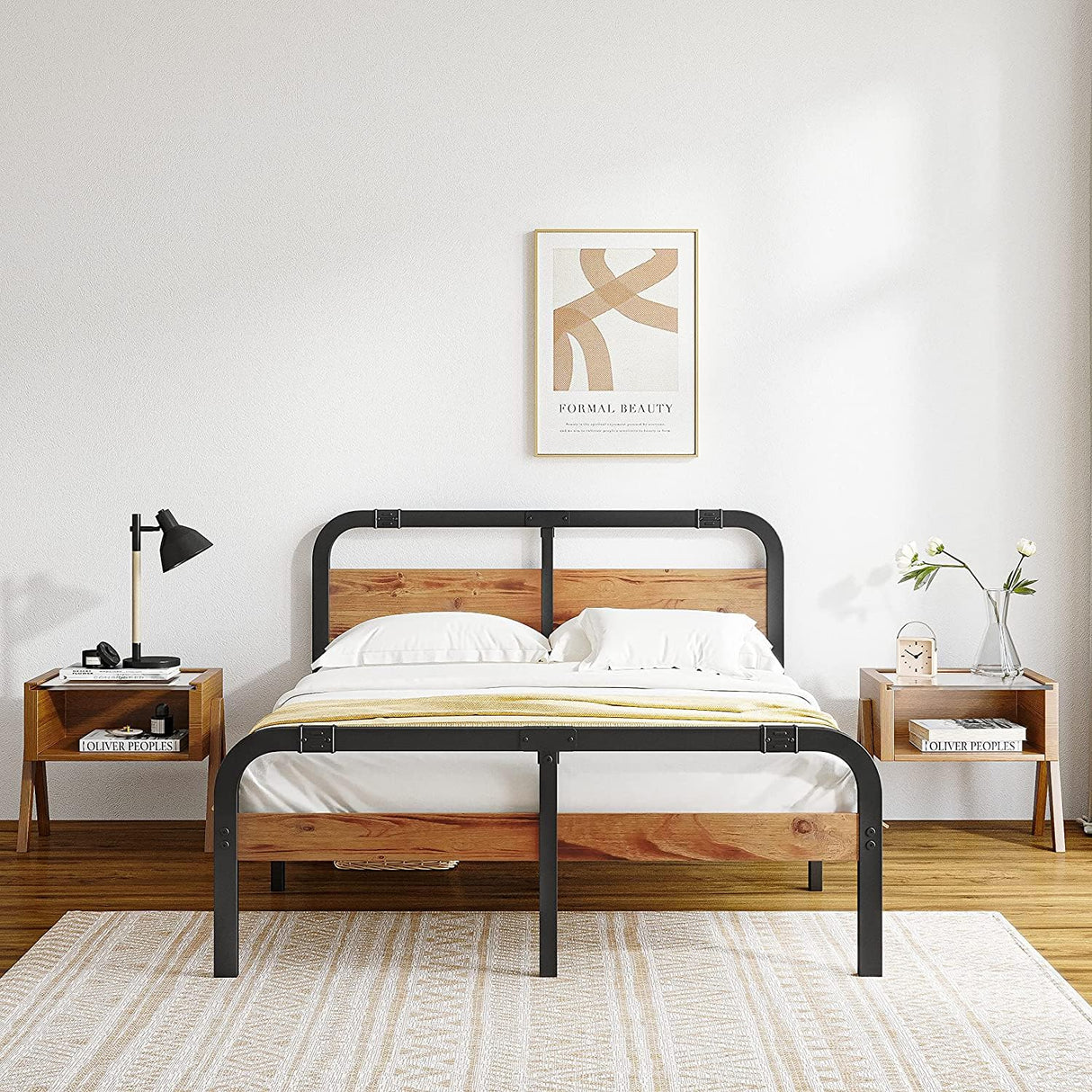 ZIYOO Industrial Style Metal King Bed Frame with Solid Wood Headboard and Footboard, 14 Inch High Heay Duty Steel Slats Support No Box Spring Needed，Easy Assembly Structure ZIYOO