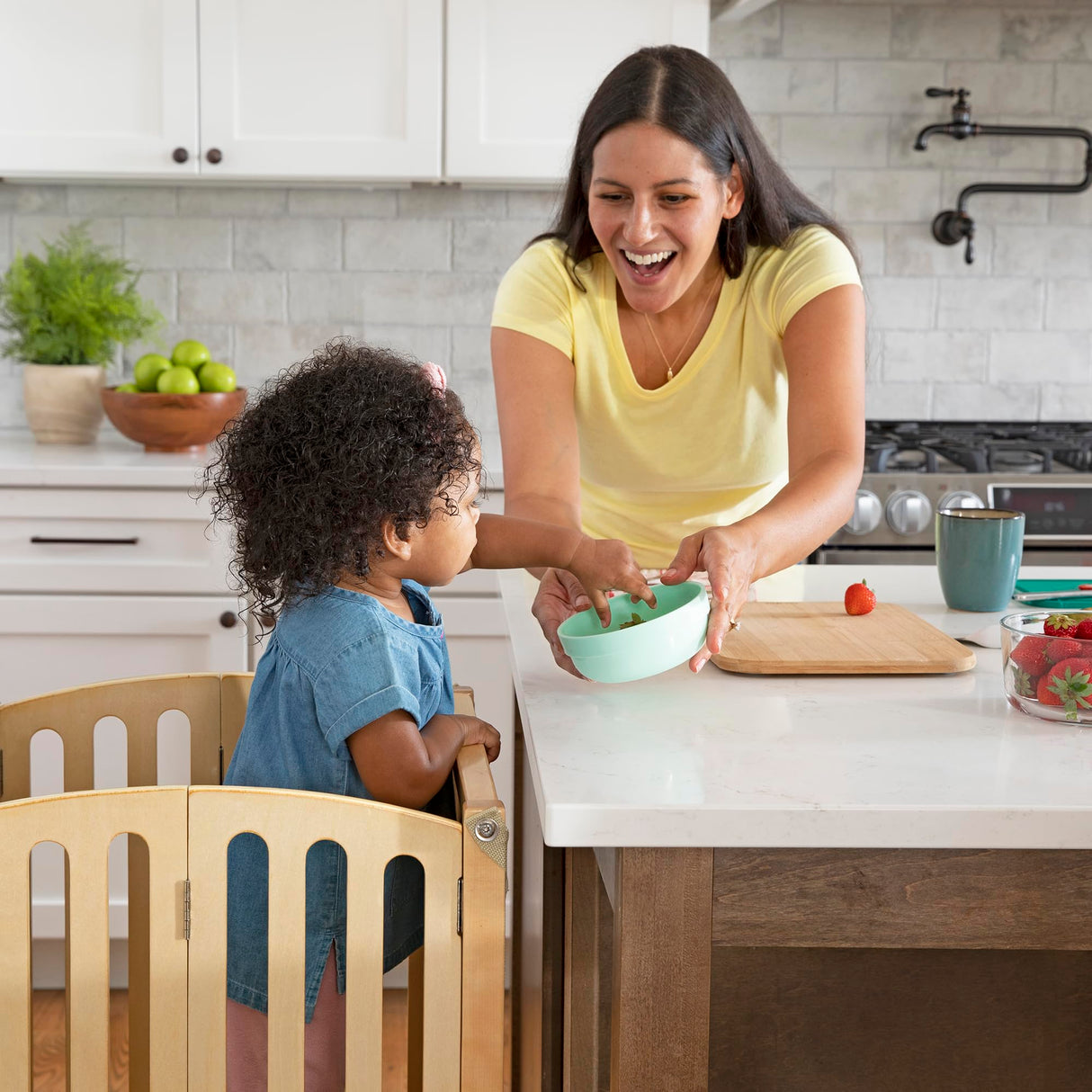 Guidecraft Kitchen Helper® Toddler Tower Step Stool - Contemporary - Natural: Folding Adjustable Height Montessori Wooden Learning Furniture with Keepers Guidecraft