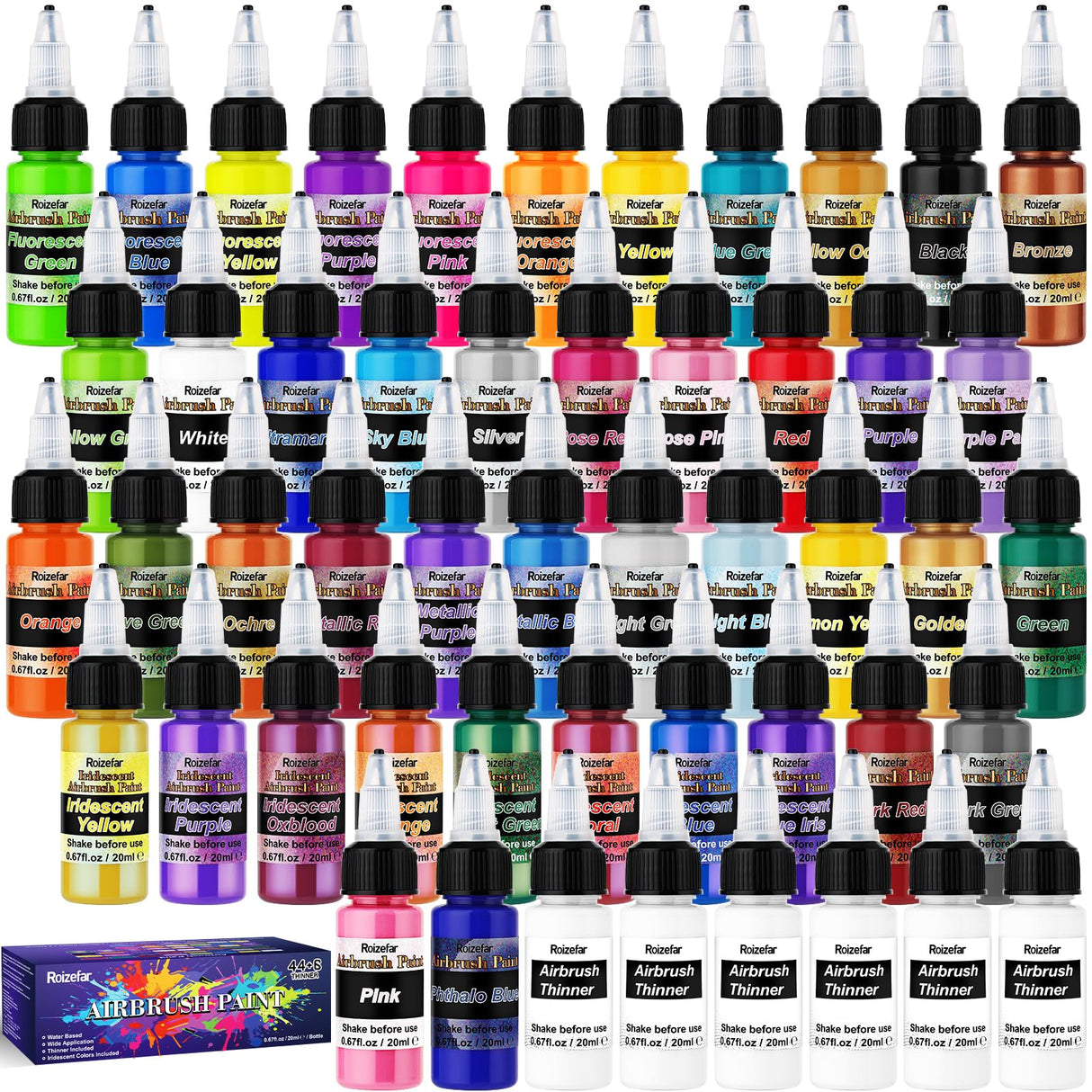Roizefar Airbrush Paint, 44 Colors with 6 Thinner, Airbrush Paint Set Includes Iridescent & Metallic & Neon & Classic Colors, Water-Based Air Brush Paints Acrylic Ready to Spray, 20ml/Bottle Roizefar