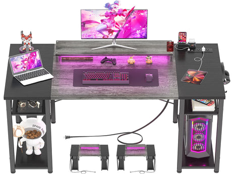 armocity Computer Desk with LED Lights, 48 Inch Reversible Large Desk with Power Outlet and USB, 48'' Gaming PC Table with Moveable Monitor Stand for Home Office, Workstation, Grey and Black armocity