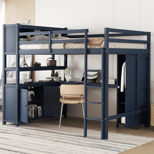 SOFTSEA Full Size Loft Bed with L Shaped Desk, Wood Loft Bed with Wardrobe, Storage Cabinet and Shelves, High Loft Bed Frame with Storage Headboard for Kids Teens Adults, Dark Blue