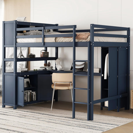 Wood Full Size Loft Bed with Desk and Wardrobe,Loft Bed Frame with Storage Shelves and Bookcase,Sapce Saving Loft Bed Full Size for Kids,Teens,Adults,Dark Blue Bellemave