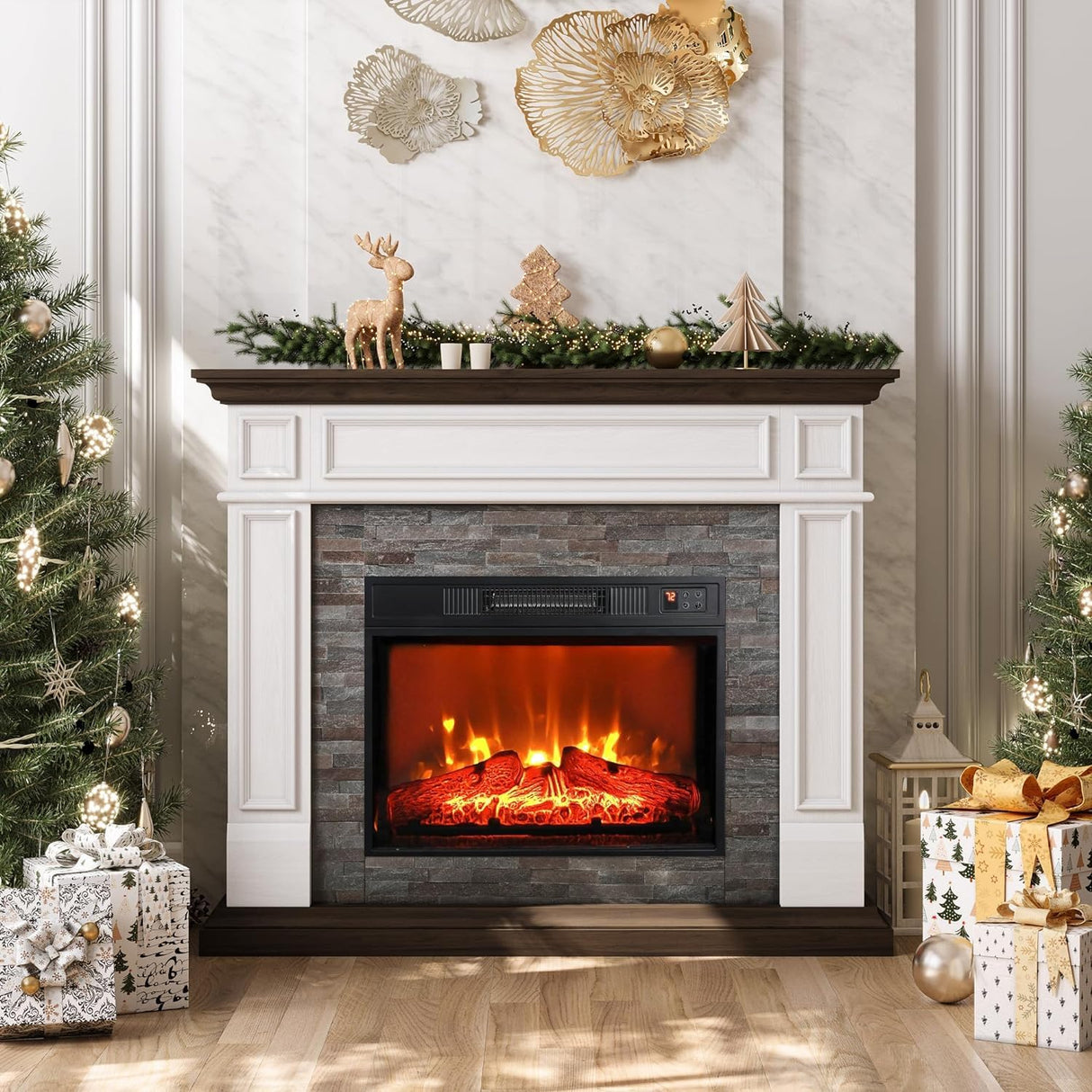 Naice 44" Electric Fireplace Mantel, Farmhouse TV Stand with Electric Fireplace Heater, Stacked Stone Surround and Remote Control 3D Realistic Flame, White Fireplace for Living Room Bedroom Naice