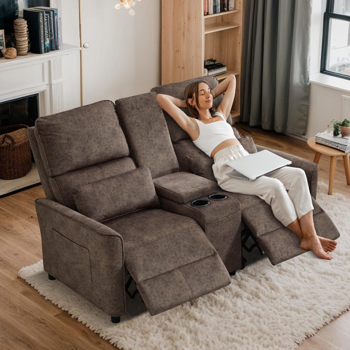 DRMBOOK 63'' RV Loveseat Recliner Sofa, Velvet Fabric Double Camper Couch 2 Seater Recliner with Console, Home Movie Theater Seating Chair, 2 Person Push Back Recliners for Living Room, Brown DRMBOOK