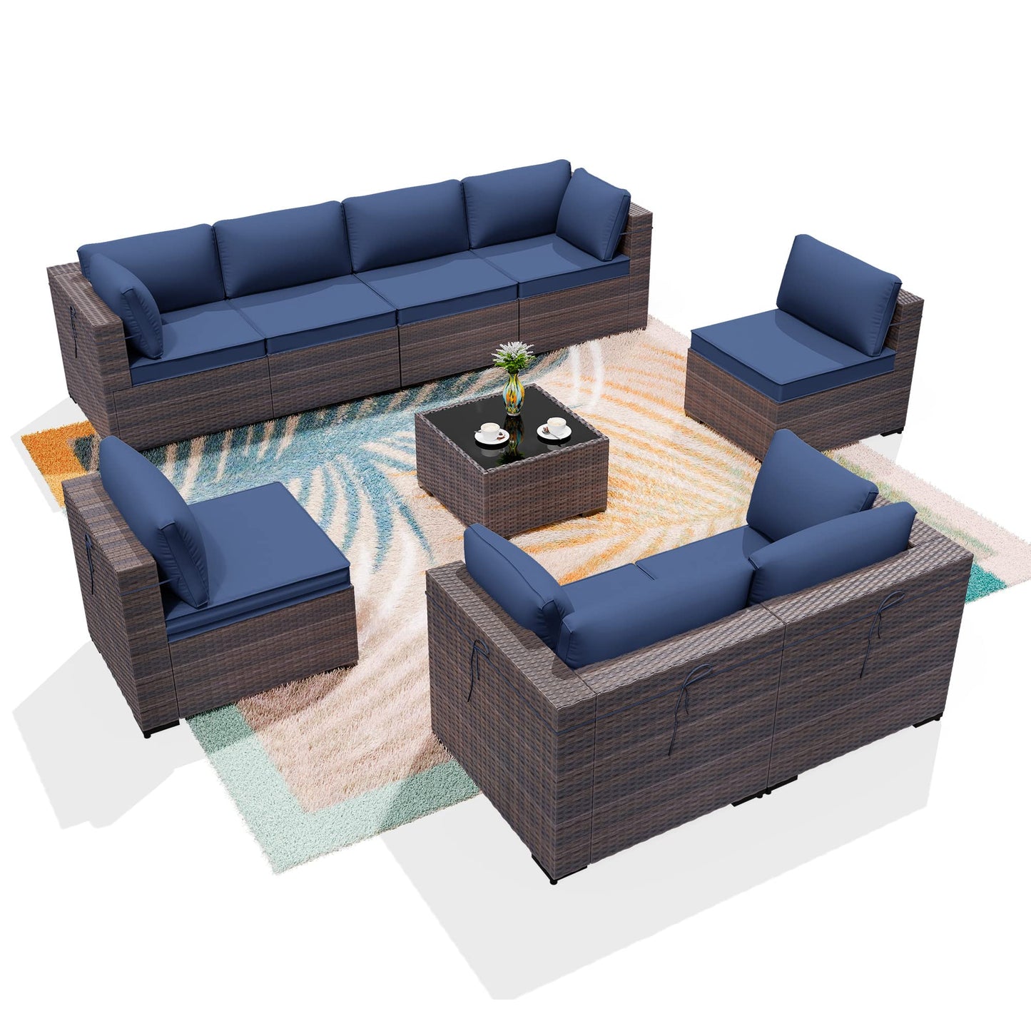 ALAULM 9 Pieces Outdoor Patio Furniture Set Sectional Sofa Sets Brown PE Rattan Patio Conversation Set w/8 Dark Blue Seat Cushions and 1 Coffee Table - WoodArtSupply