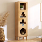 WERMO 18’’ Showcase Display Cabinet with Geometric Cut-Out Doors - Modern Curio Cabinet for Dining Room, Living Room, Entryway. Trophy Case and Collectible Display Case Wood with Door & Storage (Oak) WERMO