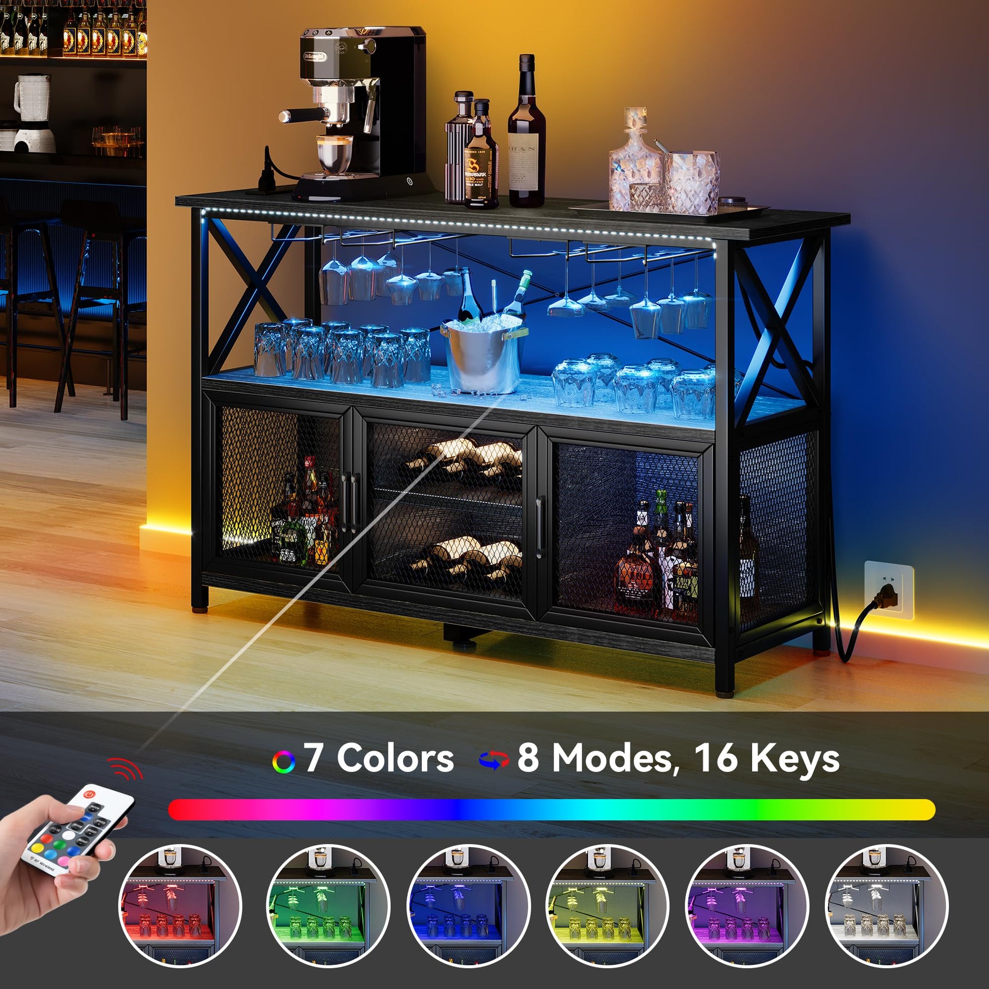 YITAHOME 55" Bar Cabinet with LED Lights, Wine Cabinet with Power Outlet, Bar Table Stand with Wine Rack, Storage Cabinets, Adjustable Shelf, Black Oak - WoodArtSupply