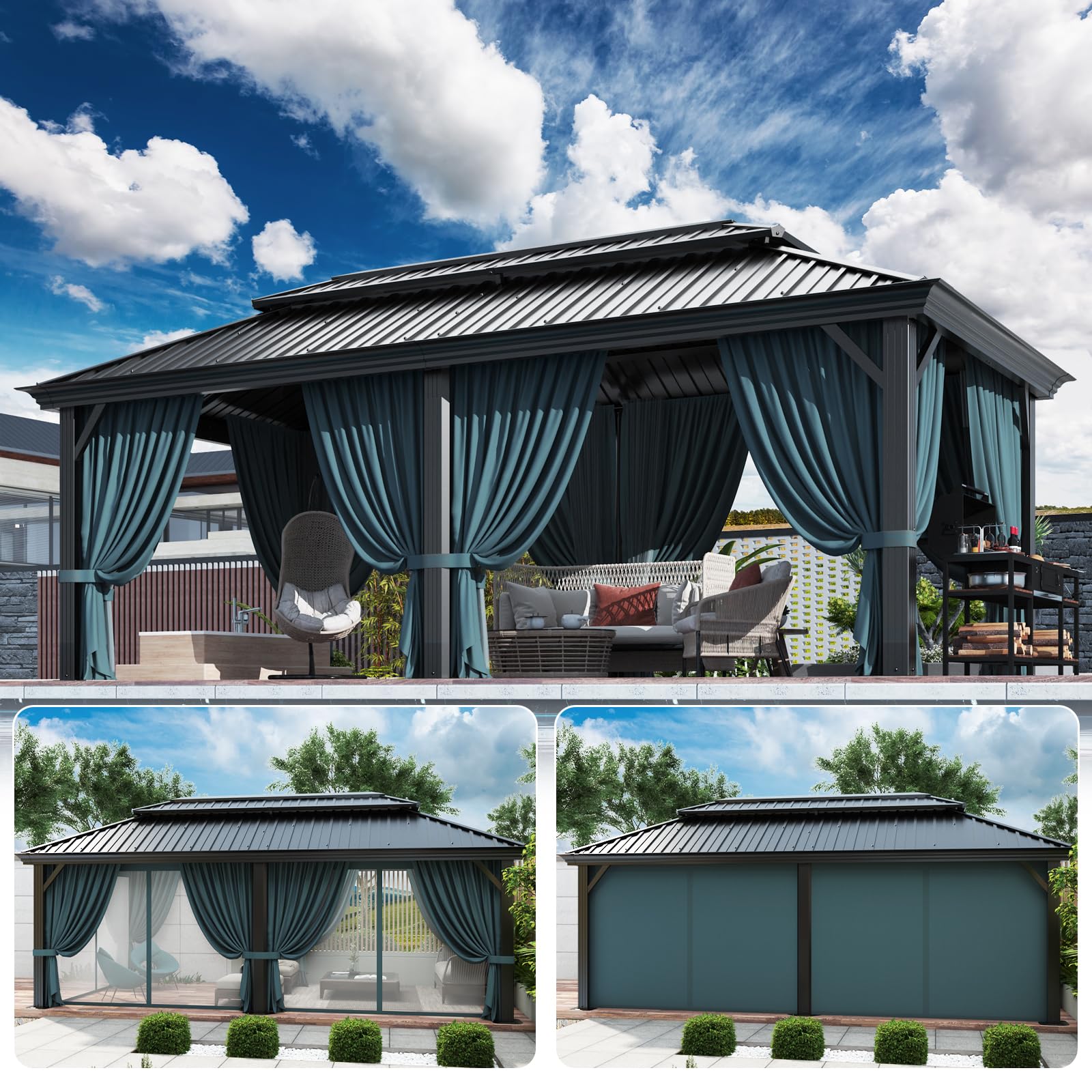 HOTEEL 12x20ft Hardtop Gazebo Heavy Duty Gazebo with Galvanized Steel Double Roof, Permanent Gazebo with Netting and Curtains, Aluminum Frame Outdoor Gazebo for Patio, Backyard, Deck and Lawn - WoodArtSupply