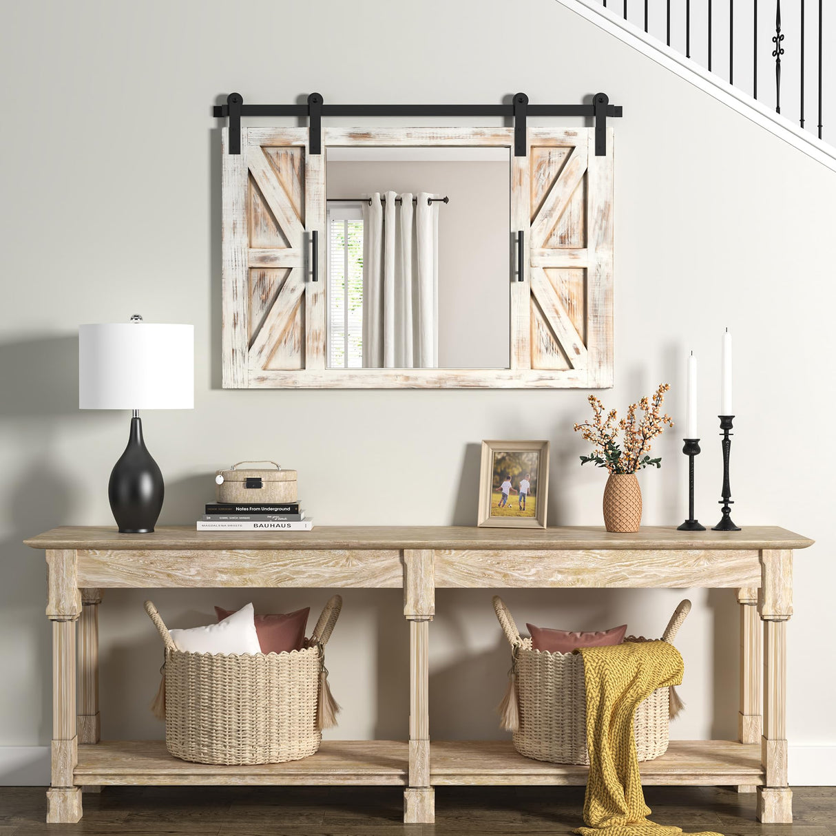 COGOOD Farmhouse Barn Door Mirror - 37" x 26" Rustic Wood Framed Mirror Wall Decor for Dining Room, Bathroom, Living Room, Bedroom Decorative, Rustic White COGOOD