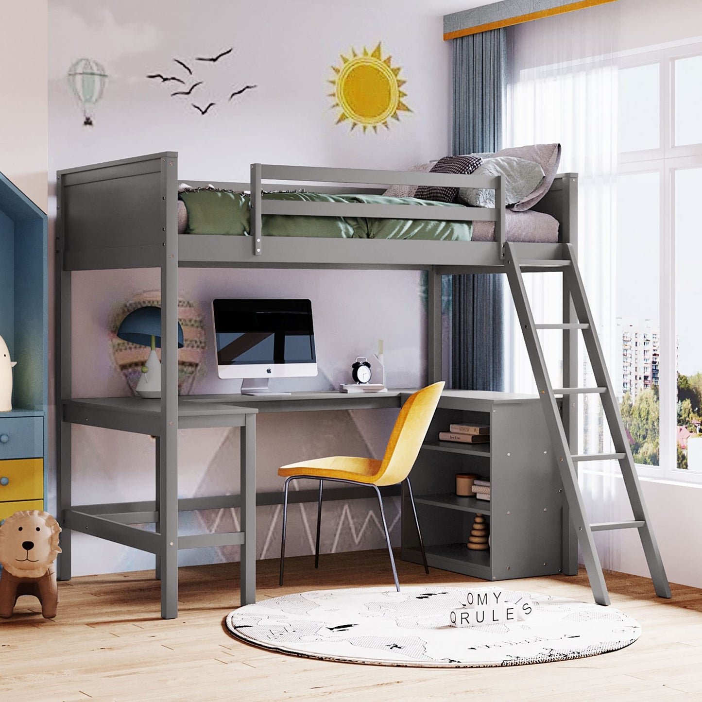 LostCat Twin Size Loft Bed with L-Shaped Desk and Storage Shelves for Kids and Teens - Grey - WoodArtSupply