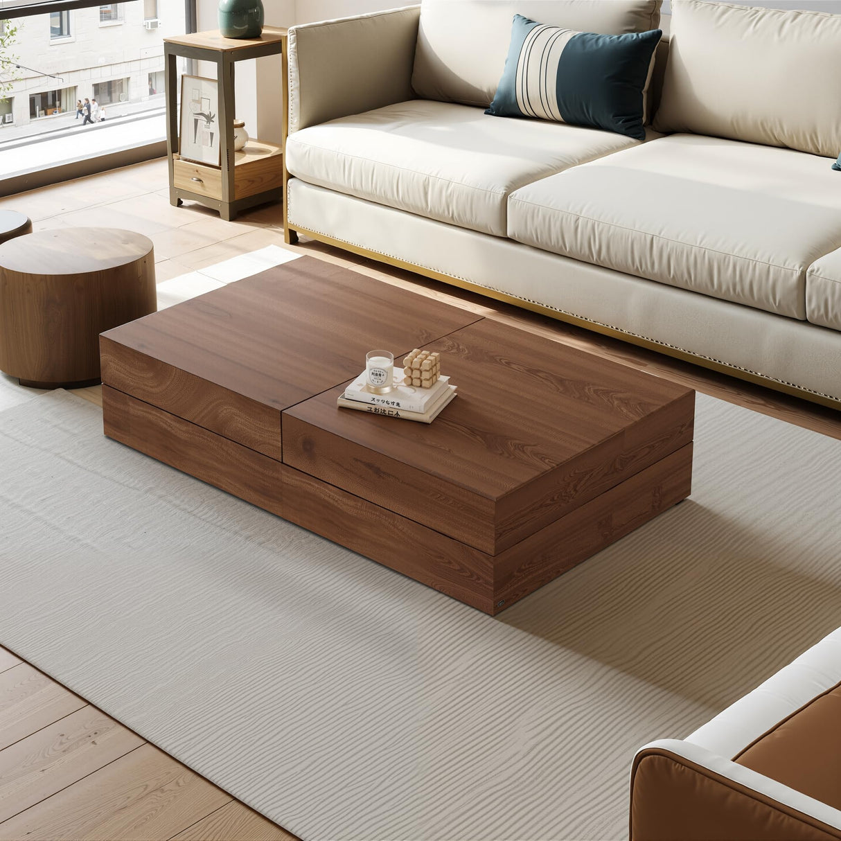 Pajiasen Mid-Century Modern Farmhouse 47.2-81.8" Expandable Coffee Table，Adjustable Center Table with Large Storage for Living Room, Walnut Pajiasen