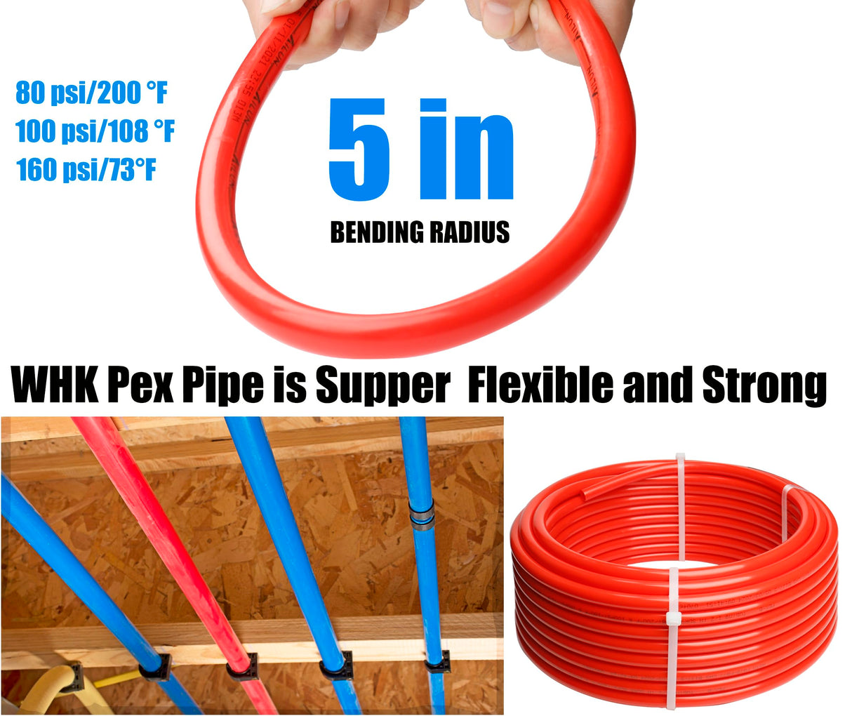 WHK PEX Pipe 1/2" Inch PEX Tubing Plumbing Pipe 2x100ft Pex-b Pipe Blue & Red Each 100ft for Cold and Hot Water WHK