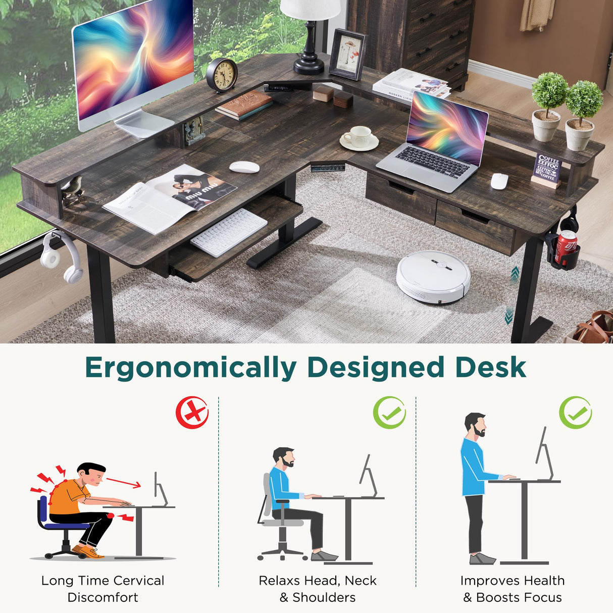 RedLemon L-Shaped Electric Standing Desk, 60 inches Motor Height Adjustable Sit Stand Corner Desk with Led, Large Home Office Desk Computer Workstation, Dark Rustic Oak RedLemon