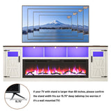 Fireplace TV Stand for 100 Inch TV, 95" Farmhouse Entertainment Center with 60" Electric Fireplace & LED Lights, Large Media Console for Living Room, Rustic Barn Doors, Power Outlets, Antique White chartustriable