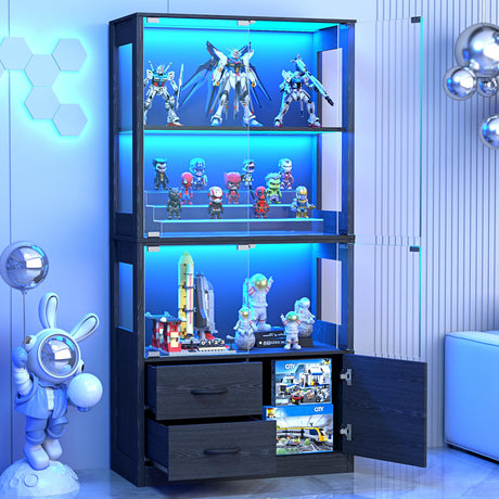 Display Cabinet with Glass Doors, 4-Tier Curio with 3-Color Lights & Human Body Sensor, Storage Cabinet with 3 Shelves & 2 Drawers for Living/Dining/Game Room, Black Oak Eclathome