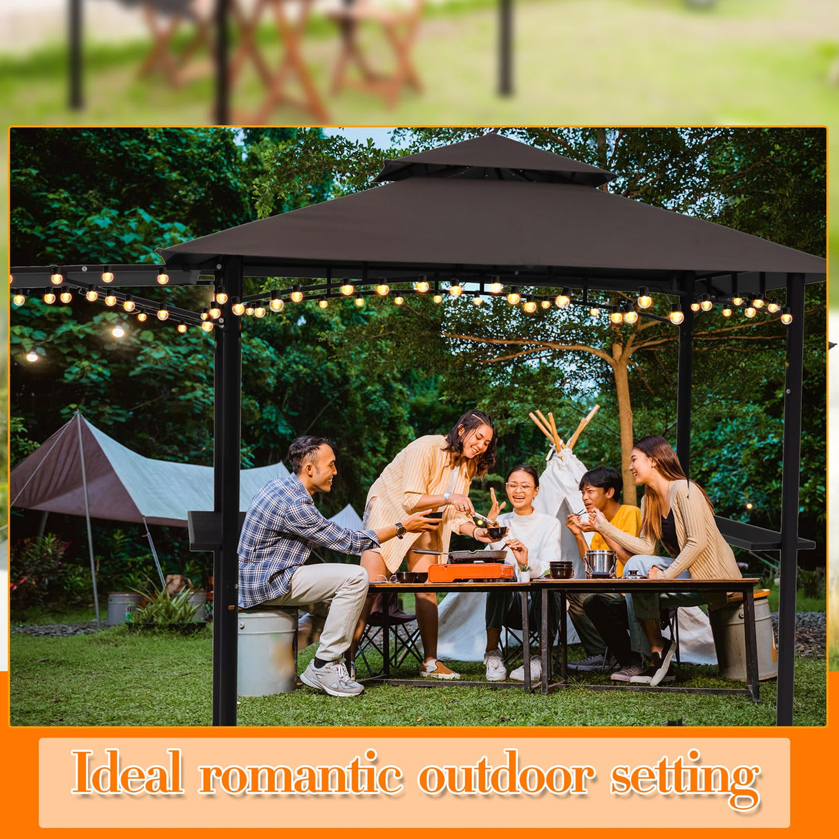 Burbell 5 x 11'grill Gazebo with Extra Shadow with 33ft Outdoor String Lights, Outdoor BBQ Grill Canopy with Extra Side Awnings and LED Lights with 40 Bulbs Waterproof for Patio Party Backyard (Brown) Burbell