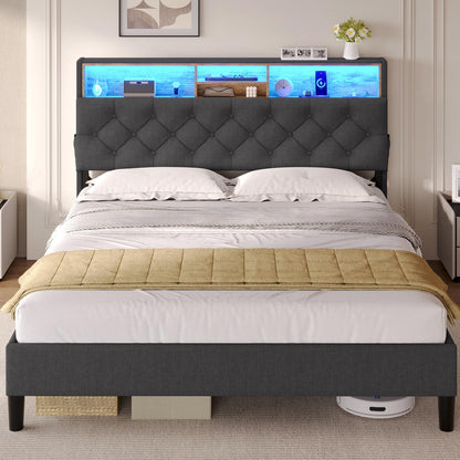 ADORNEVE Queen Bed Frame with LED Lights Headboard, Platform Bed Frame Queen Size with Storage Shelves and Charging Station, Easy Assembly, Dark Grey - WoodArtSupply