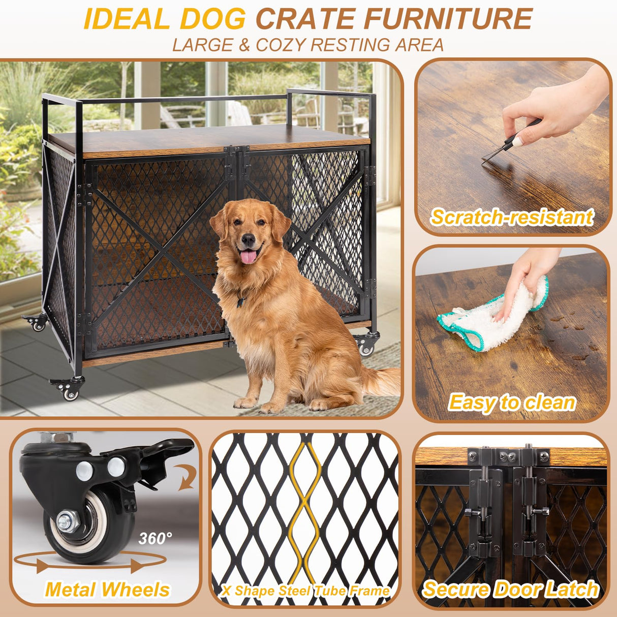 Ketive Dog Crate Furniture with Cushion, 41"L Wooden Dog Crate End Table with Double Doors, Chew-Resistant Dog Kennel Indoor, Heavy Duty Dog Crate with Wheels, Rustic Brown (41"L x 23.6 "W x 35.8 "H) ketive