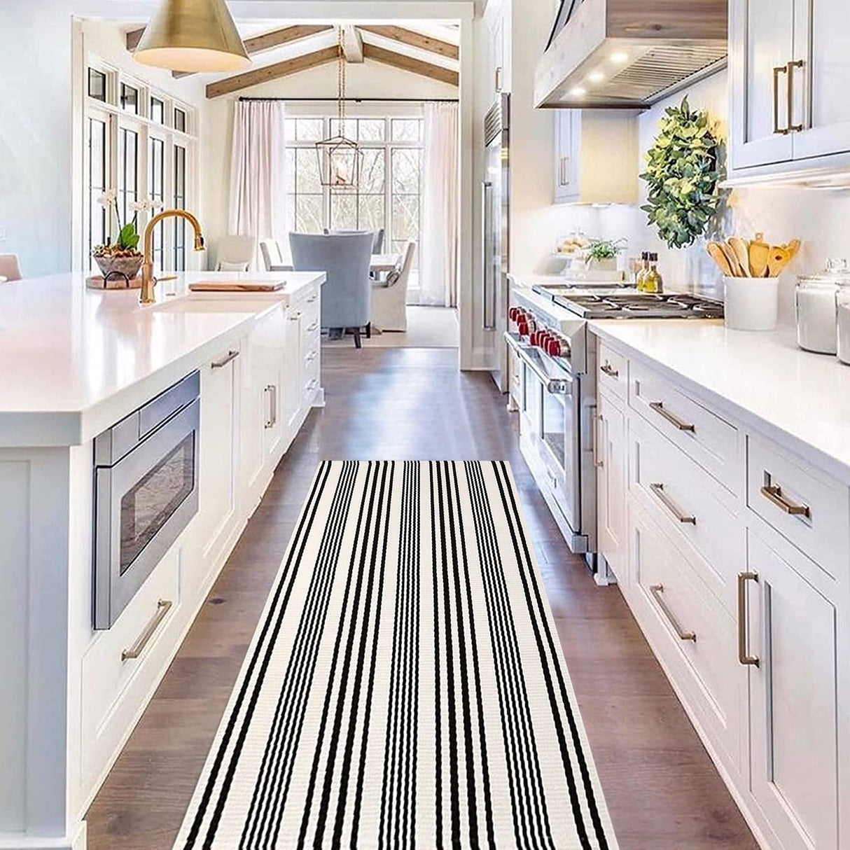 Black and White Striped Outdoor Rug 24'' x 51''Farmhouse Front Porch Mat Hand-Woven Machine Washable Layered Door Mats for Entryway/Bedroom BUAGETUP